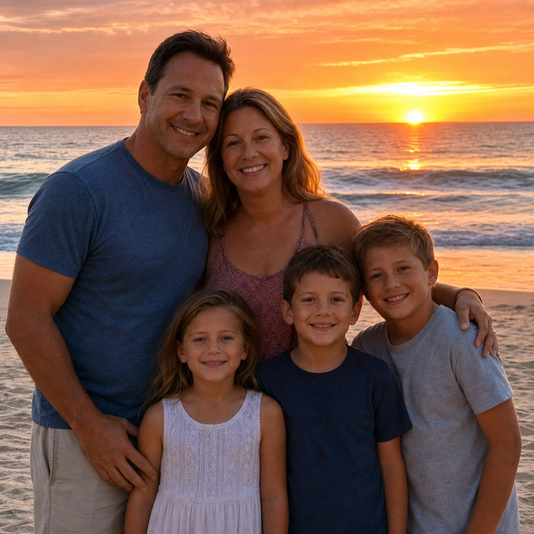 Family Beach Vacation Sunset — pixelated zoom AFTER