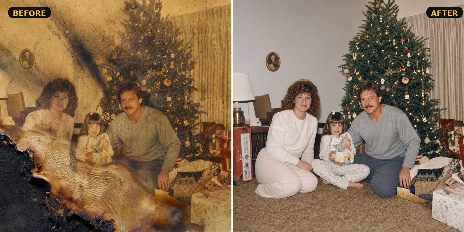 Photo Restoration — fire-damaged Christmas family photo