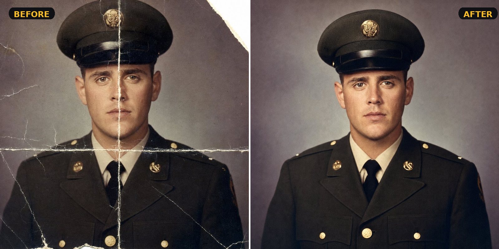 Photo Restoration — creased military portrait colorized