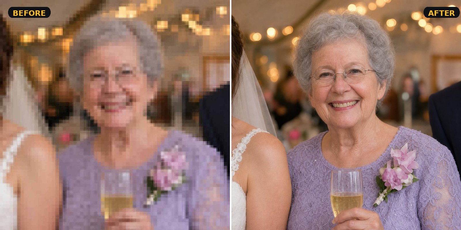 Photo Upscaling — grandmother portrait from low-res wedding crop