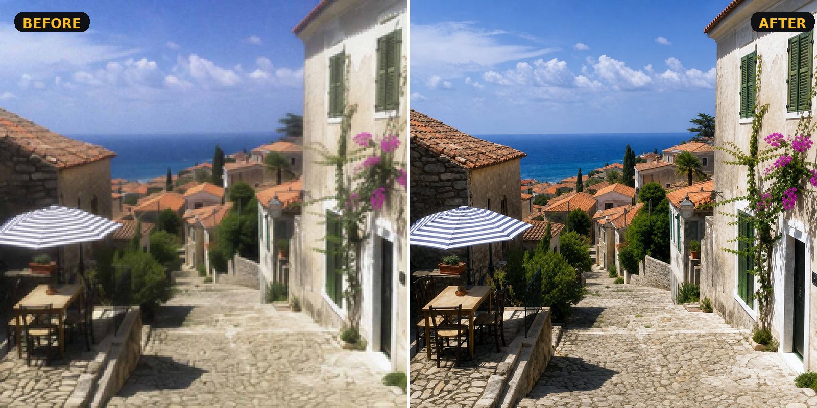 Photo Upscaling — Italian village scenic from old camera