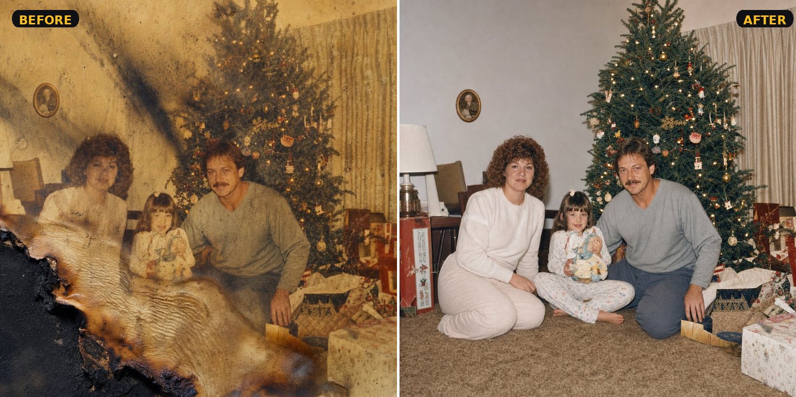 Restoration Heritage — fire-damaged Christmas family photo fully restored