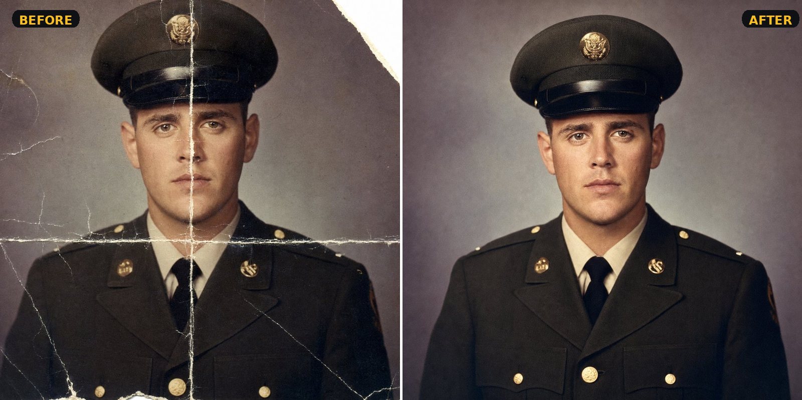 Restoration Premium — creased B&W military portrait colorized