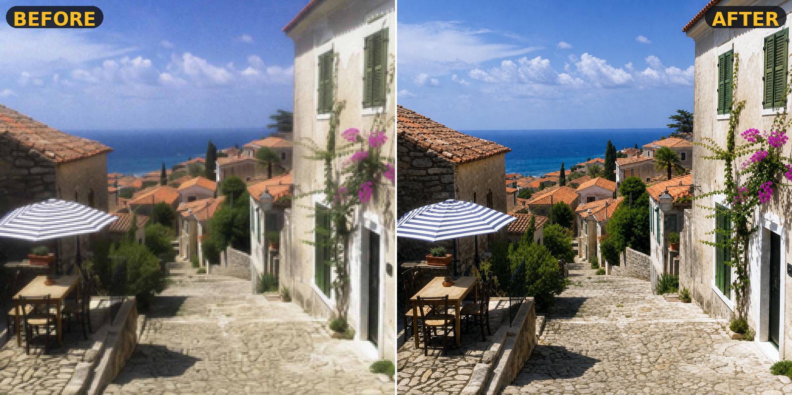 Upscale Rush — Italian village scenic shot sharpened from old camera